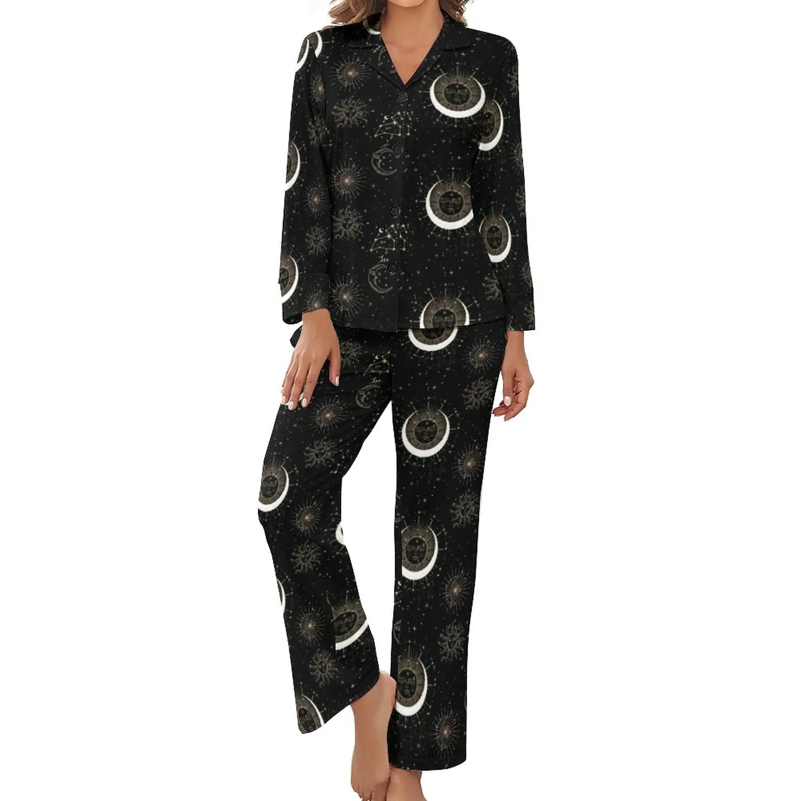 

Sun Moon Stars A-Line Dress Pajamas Long Sleeves 2 Pieces Night Pajama Sets Womens V Neck Cute Sleepwear