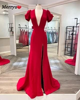 sexy v neck prom dresses with puff sleeves side split red carpet long trumpet evening dress party gown