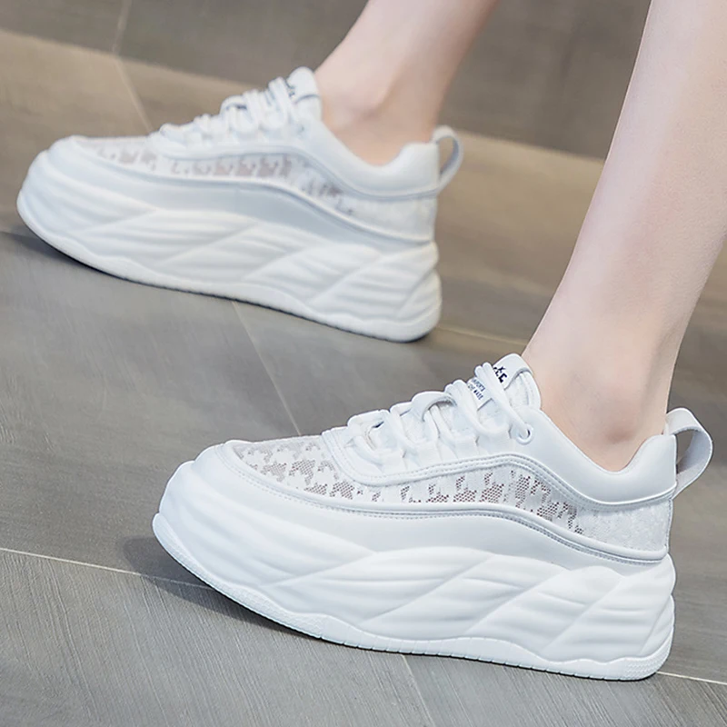 6CM Special Air Mesh Fashion Genuine Leather Comfy High Brand Breathable Chunky Sneaker Spring Summer Platform Women Wedge Shoes