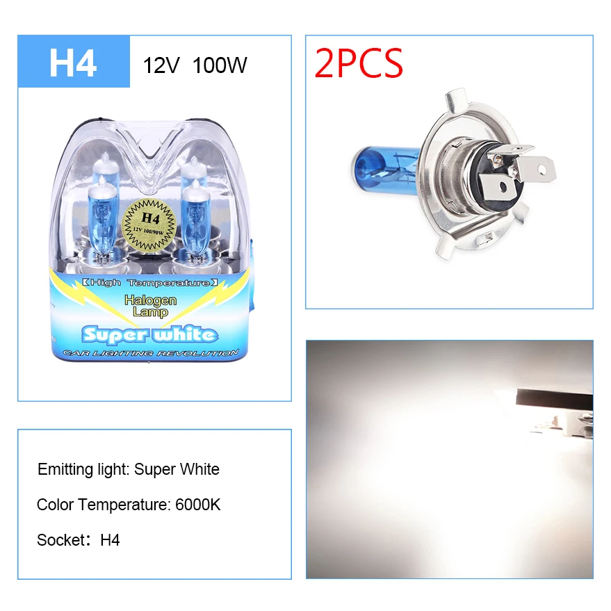 ADPOW H4 Led 2Pcs 100W 12V Super White Car Head Light Halogen Bulb 6000K Car Accessories headlight bulbs 55W 4300K