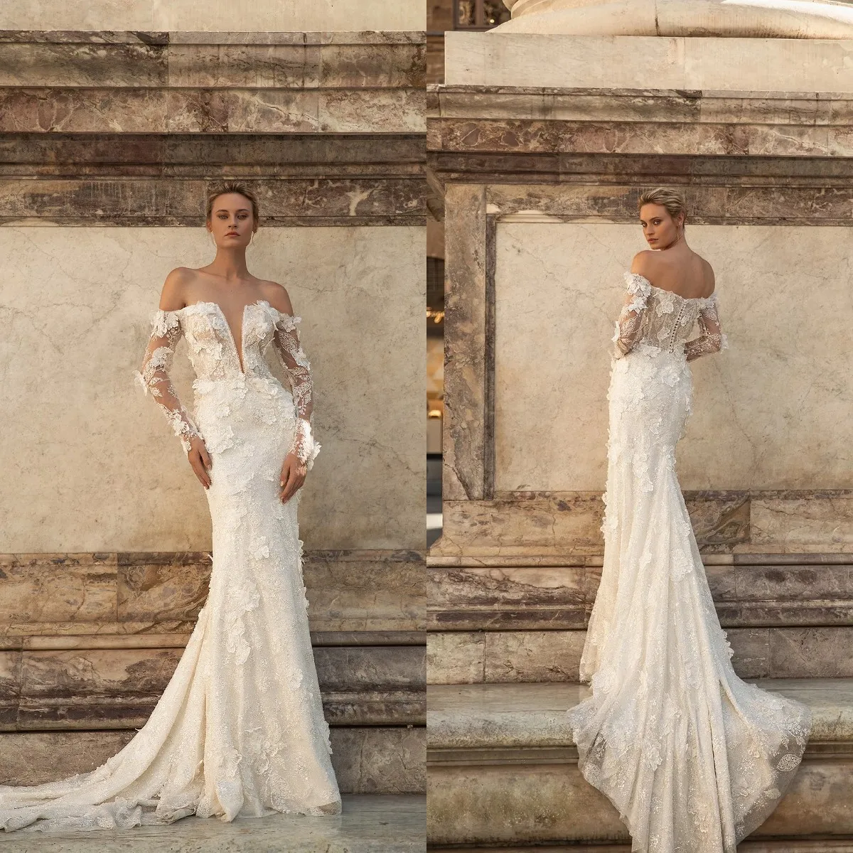

Exquisite Mermaid Wedding Dress V-neck Appliqued Sequined Off Shoulder Illusion Lace Bridal Gown Sweep Train Vestidos De Novia