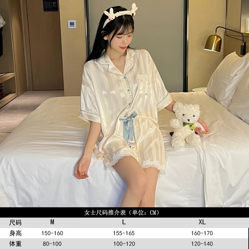 Pajamas Women's Summer Ice Silk Short-sleeved Shorts 2023 New Thin Stripes Can Be Worn Outside Home Clothes Two-piece Suit