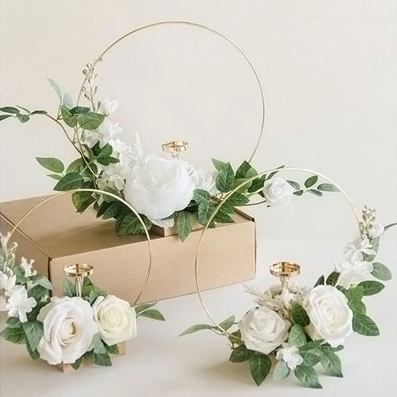 

5set Metal Wreath with Wooden Base for Birthday Wedding Table Desktop Decor Round Metal Floral Hoop Restaurant Table Decoration