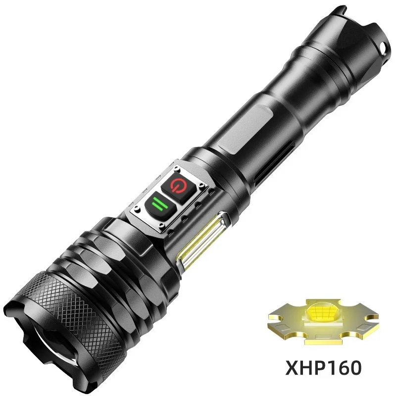 XHP160 LED Flashlight COB Side Light High-power Double Switch USB Rechargeable 21700 Aluminum Alloy Flashlamp Zoomable Torch