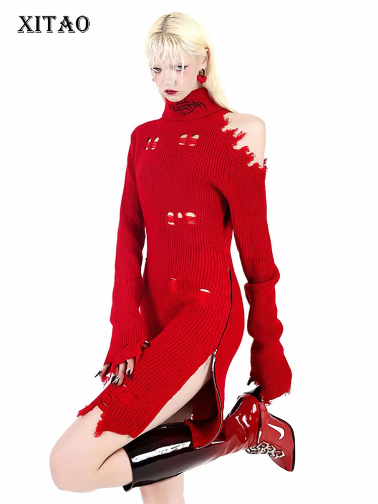 

XITAO Hollow Out Knitting Dress Off-the-shoulder Turtleneck Collar Solid Color Sipper Splicing Slim Street Trendy WMD4722