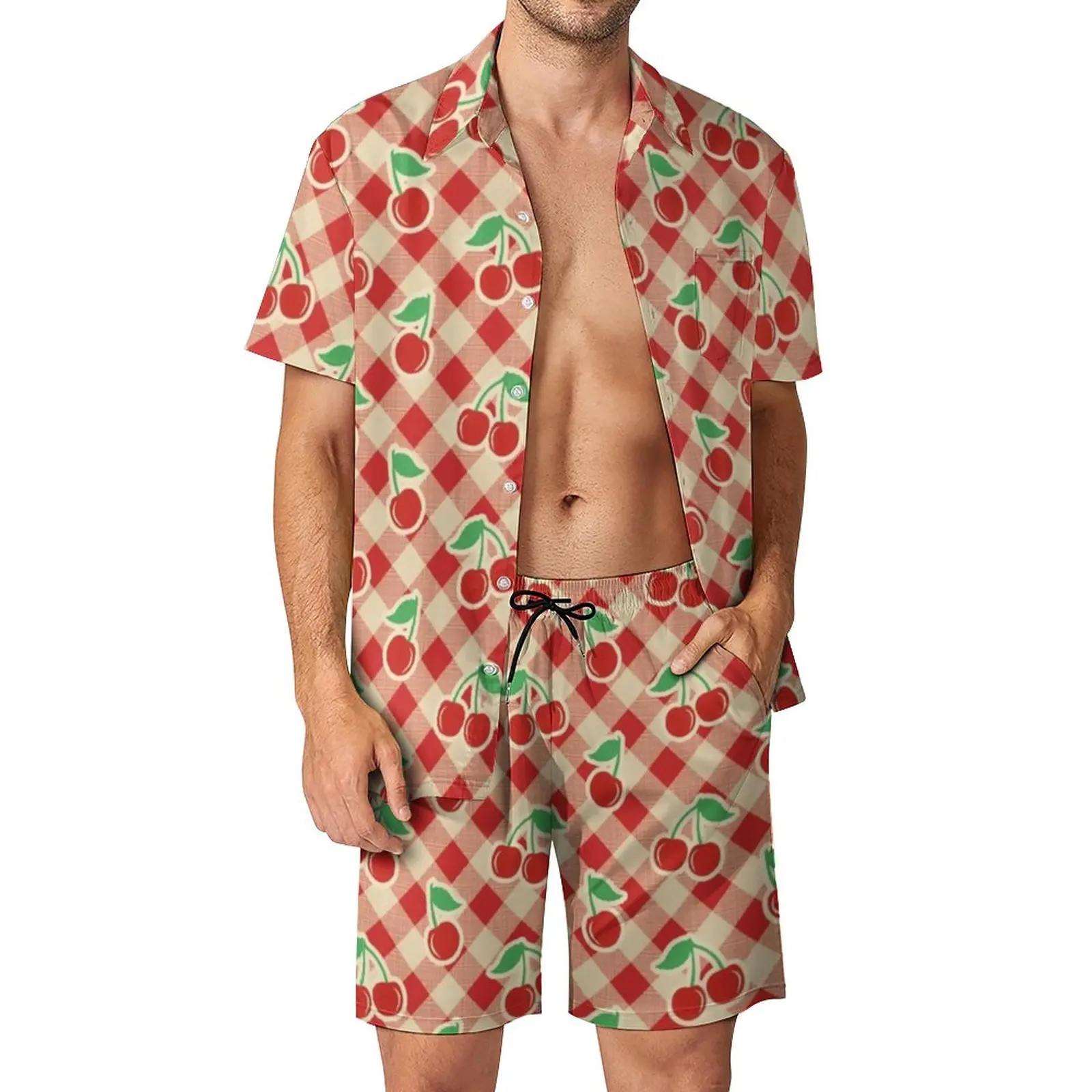 

Red Cherry Print Men Sets Vintage Plaid Casual Shorts Summer Trending Beach Shirt Set Short Sleeves Oversize Suit Gift Idea