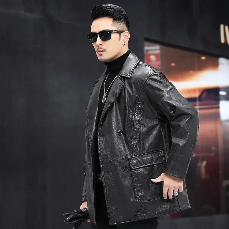 Тренчкот мужской из воловьей кожи деловой верхний слой роскошный длинный