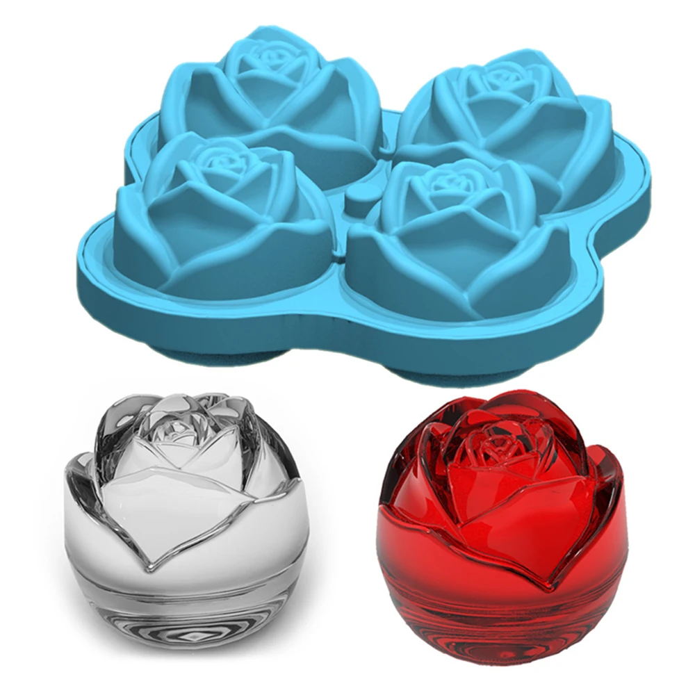 

4 Cells Big Silicone Ice Cube Maker Form For Ice Candy Cake Pudding Chocolate Molds Easy-Release Rose Shape Ice Cube Trays Molds