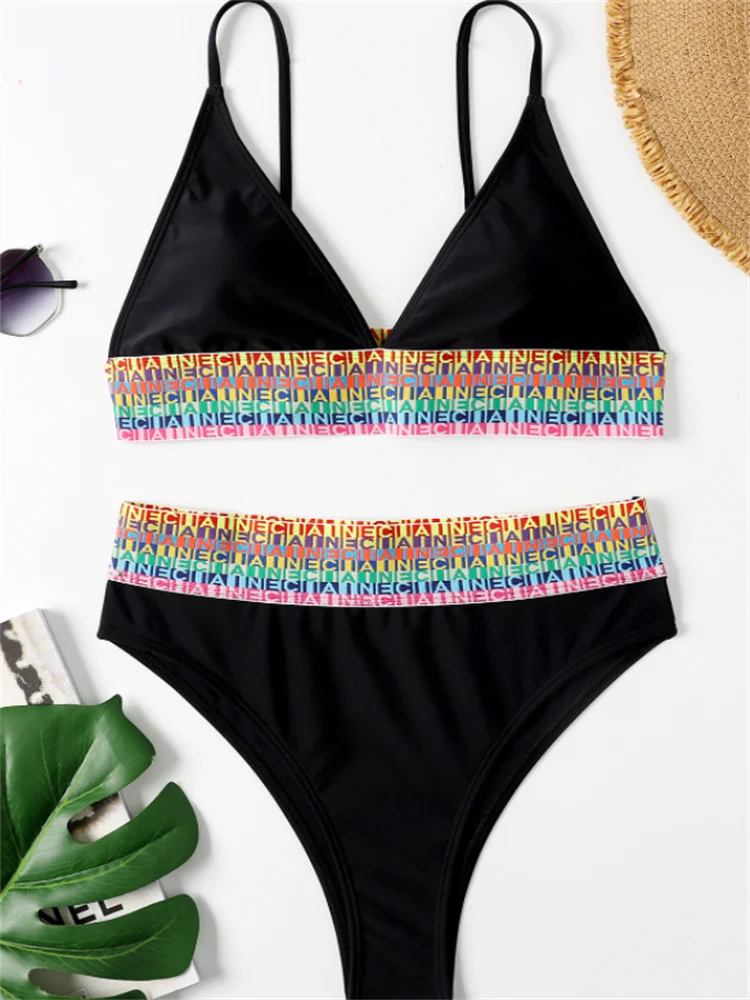 Женский купальник с высокой талией и полосками комплект бикини летняя пляжная