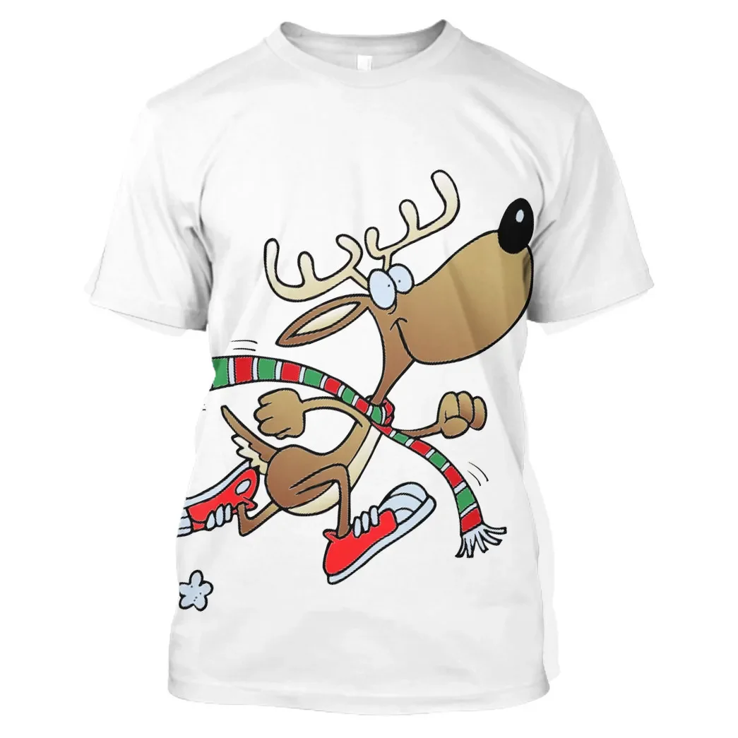 

Cartoon Elk Print Men's T Shirt Casual O-neck Short Sleeve Tops New Year Party Christmas Clothing Hip Hop Trend Children T-Shirt