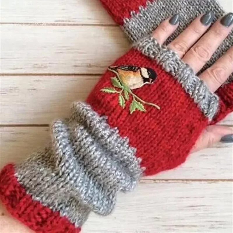 

Перчатки с вышивкой в виде птиц, перчатки из хлопка и шерсти без пальцев для женщин, вязаные варежки, зимние перчатки без пальцев для девочек