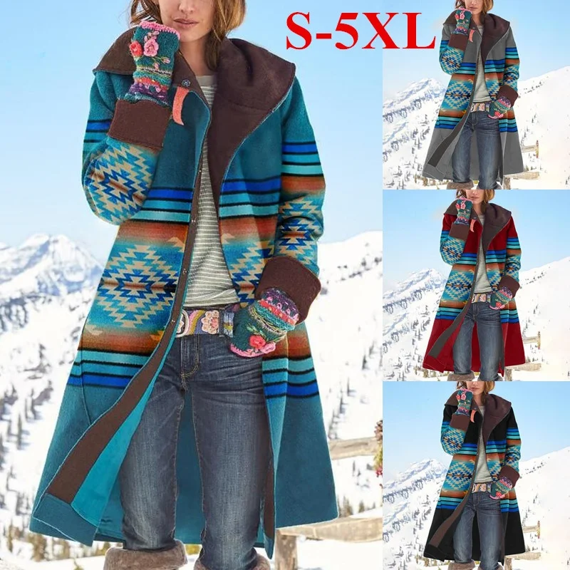 

Women Warm Woolen Coat 2020 Winter Vintage Print Hooded Long Coat Casual Turn Down Collar Button Fleece Female Cardigan Outwear