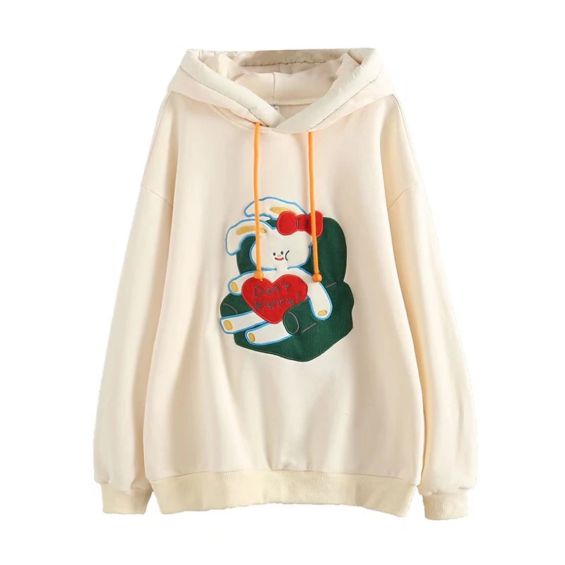 

Kawaii Rabbit Embroidery Women Hoodies Drawstring Harajuku Hooded Sweatshirts 2022 Spring Long Sleeve Female Sweet Tops