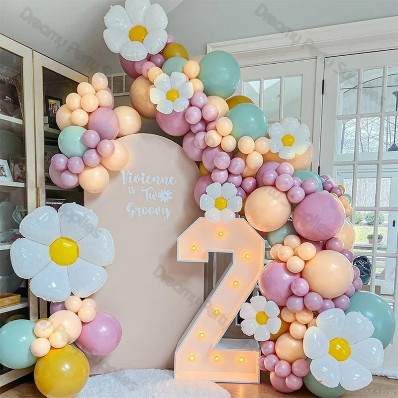 

142pcs Pastel Daisy Flower Balloon Garland Arch Tiffany Blue Peach Pink Balloons Boho Birthday Wedding Bridal Shower Bride to Be