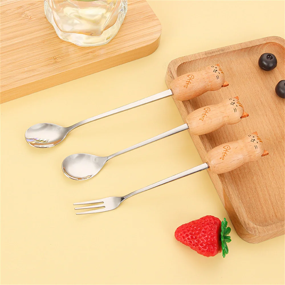 

Household Accessories Cartoon Spoon Fork Fruit Fork Cute Cat Bear Panda Spoon Dinnerware Durable Stainless Steel Fork Spoon
