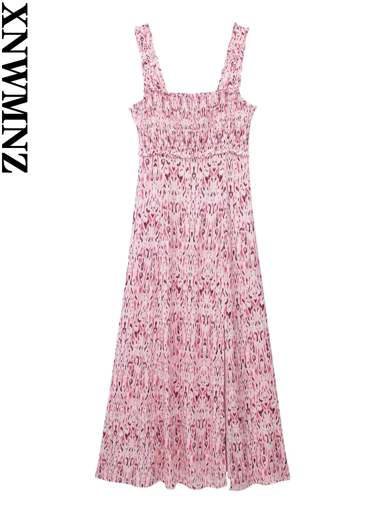

XNWMNZ Women's Fashion 2023 Printed Linen Blend Midi dress Vacation Style Straight Neck Wide Straps Split Hem Female Dresses