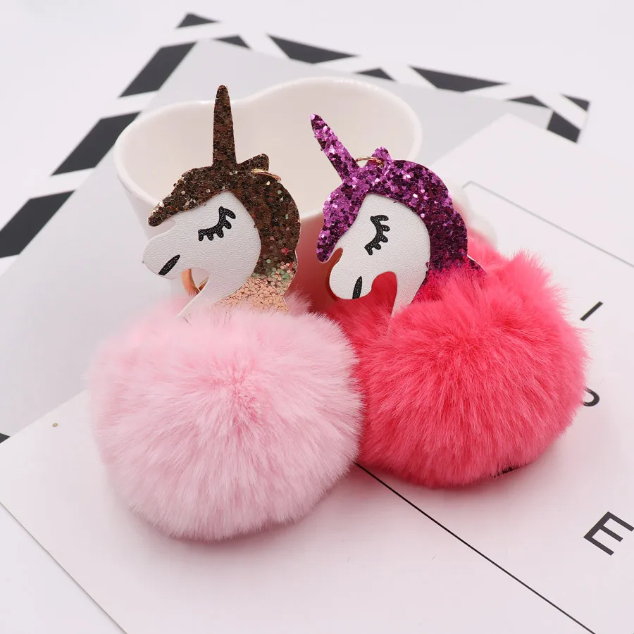 

Keychain Rabbit Fur Ball Horse Key chain porte clef holder fluffy pompon Bag Car Key Ring For Women Accessories