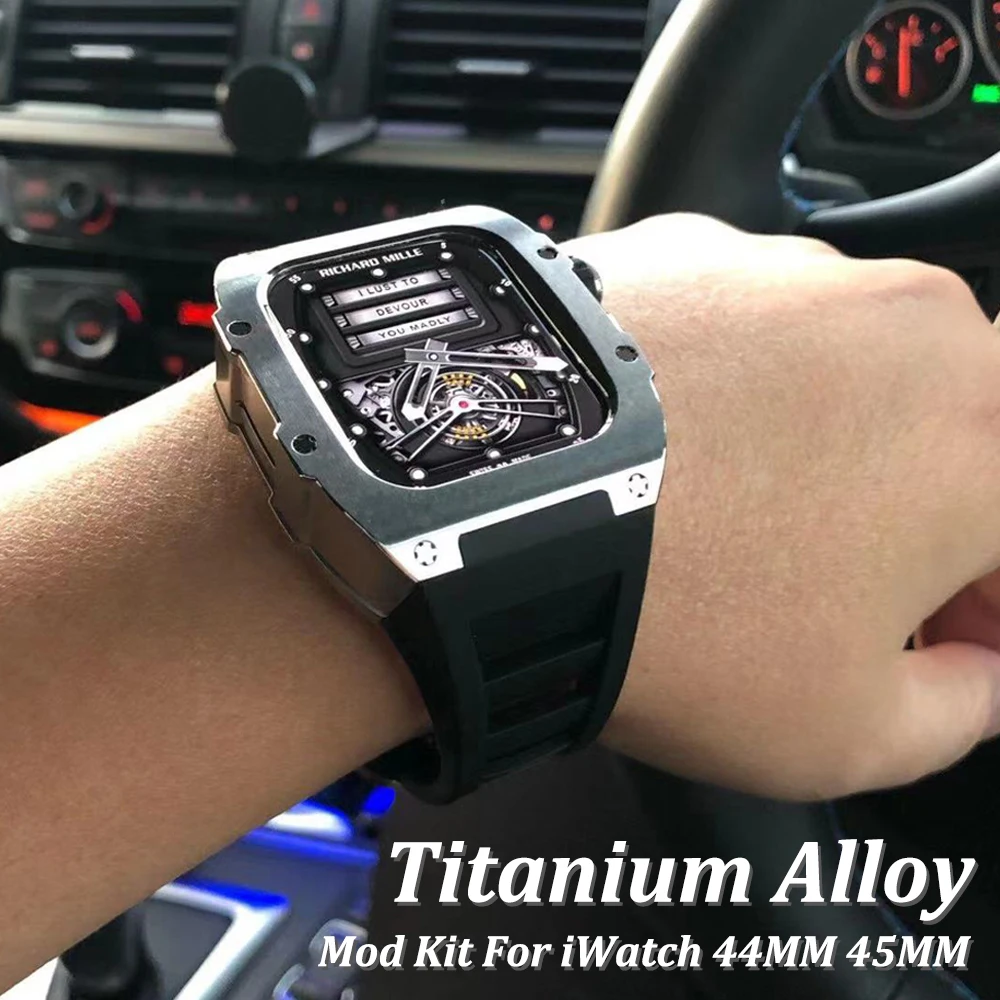 

Luxury Modification Kit For Apple Watch 8 7 SE 6 5 4 44mm 45mm Men Fluororubber Band For iWatch Series Titanium Alloy Case Strap