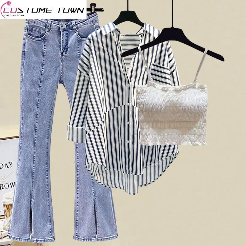 

Large Women's Spring/Summer Suit Women's 2023 New Sunscreen Shirt Strap Women's Slim Versatile Jeans Three Piece Set Fashion