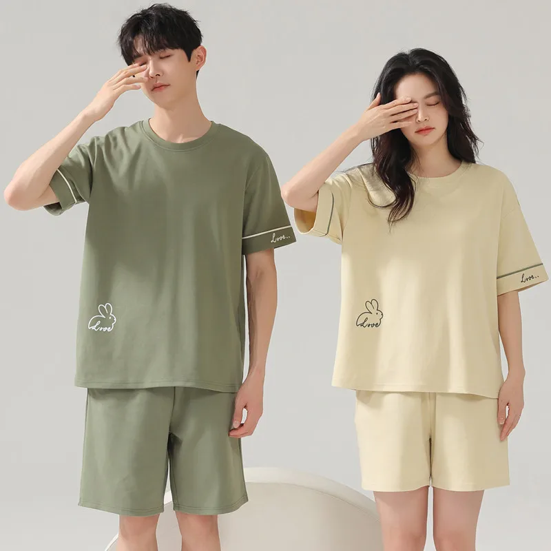Pajamas Couples Matching Summer Pure Cotton Short-sleeved Shorts Solid Color Can Be Worn Outside and Casual Home Service Suit