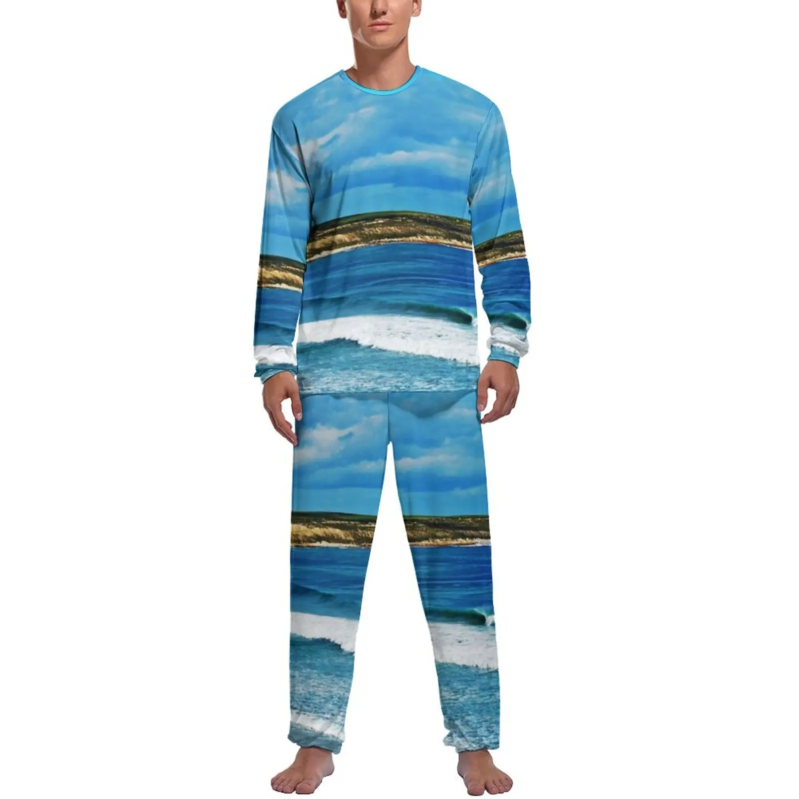 Beach Print Pajamas Spring Two Piece Scent Of The Ocean Soft Pajama Sets Male Long Sleeve Night Graphic Nightwear