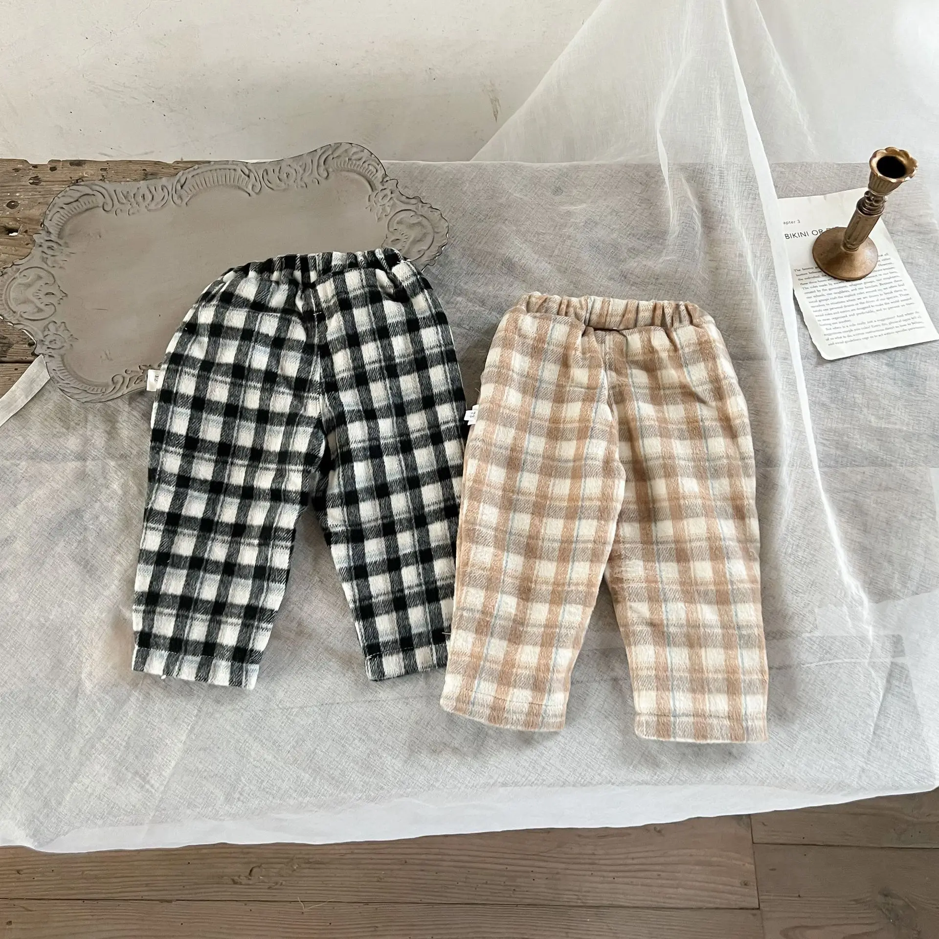 

2022 Autumn Winter New Child Plaid Plus Fleece Thicken Harem Pants Girl Baby Retro Casual Pant Boy Kid Fashion Cotton Trousers