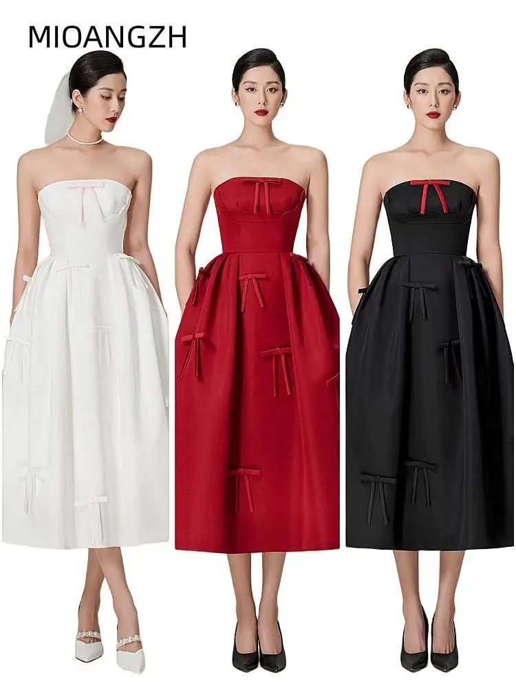 

Women's Strapless High Waist Dresses Fashion White Red Black 3 Colors Slim Fit Bow Female Gala Formal Prom Evening Clothing 2023