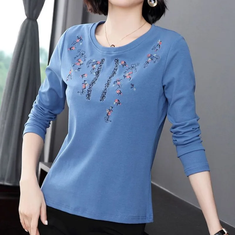 

Pure Cotton Embroidered Long Sleeved T-sleeve Fashionable Casual Womens Spring Autumn New Style Mom Loose Bottomed Outerwear Top