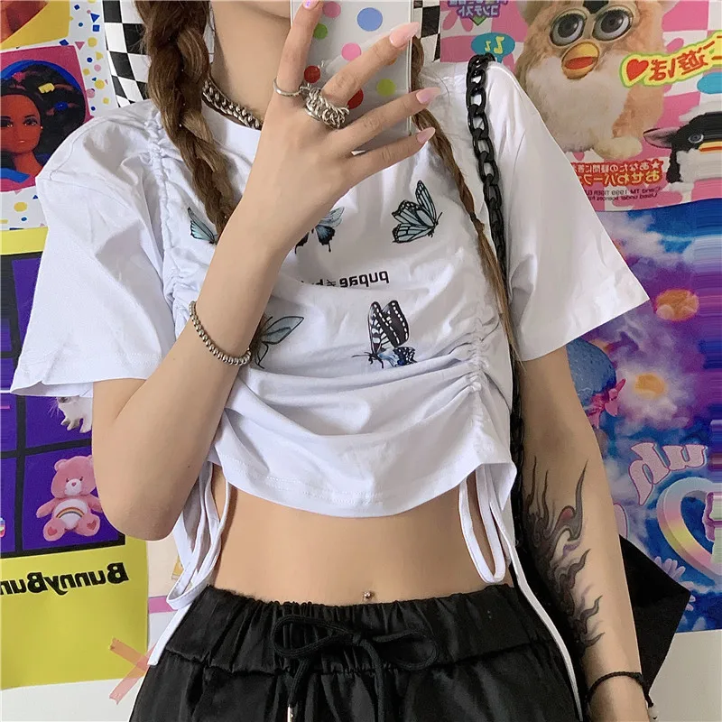 

White Women Girl Crop Top T Shirt Korean Style Tshirt Short Cropped Tee Harajuku Summer Clothes Sexy Clothing Fashion Croptop