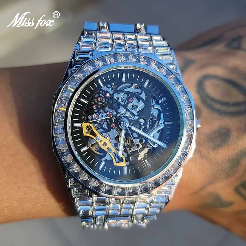 

Luxury Skeleton Watch with Baguette Bezel Bracelet Mechanical Men Wristwatches Top Brand Diamond Ice Out New Automatic Watches