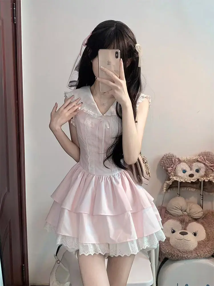 Gagarich French Sweet Girl розовое кружевное платье с темно-синим воротником и пышным для