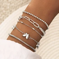 5 pcsset bohemian vintage silver plated butterfly charm bracelet set handmade multilayer rhinestone chain bracelet for women