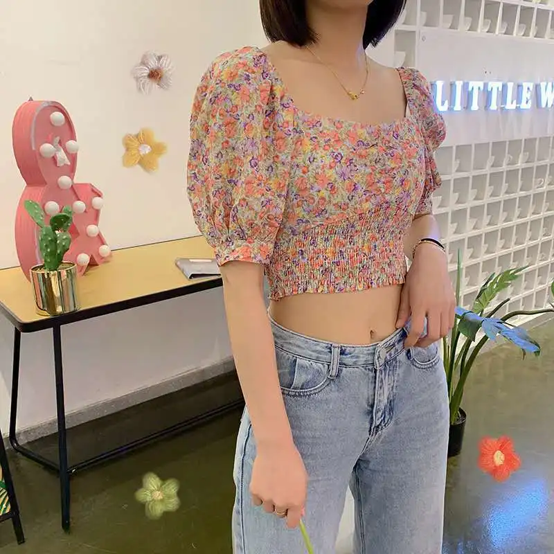 Women Casual Sexy Crop Tops Floral Printed Pattern Short Sleeves Pullover Dark Green/ Purple/ Apricot/ Black/ Orange
