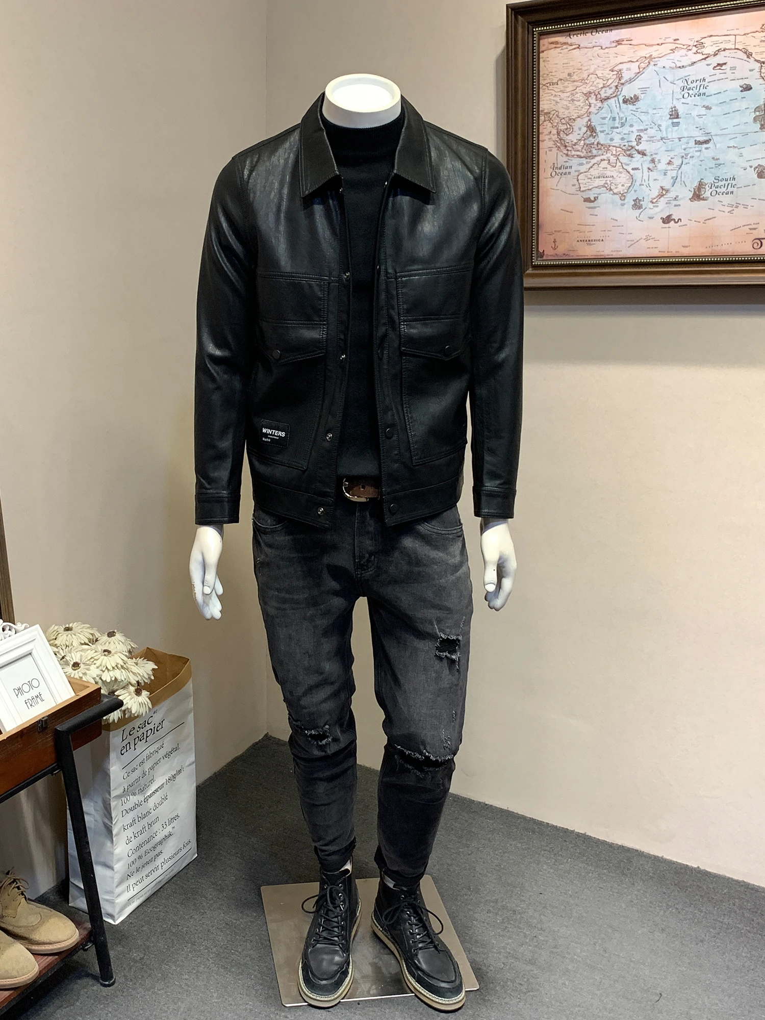 Кожаное пальто Guzai мужская весенне-осенне-зимняя куртка-карго из искусственной