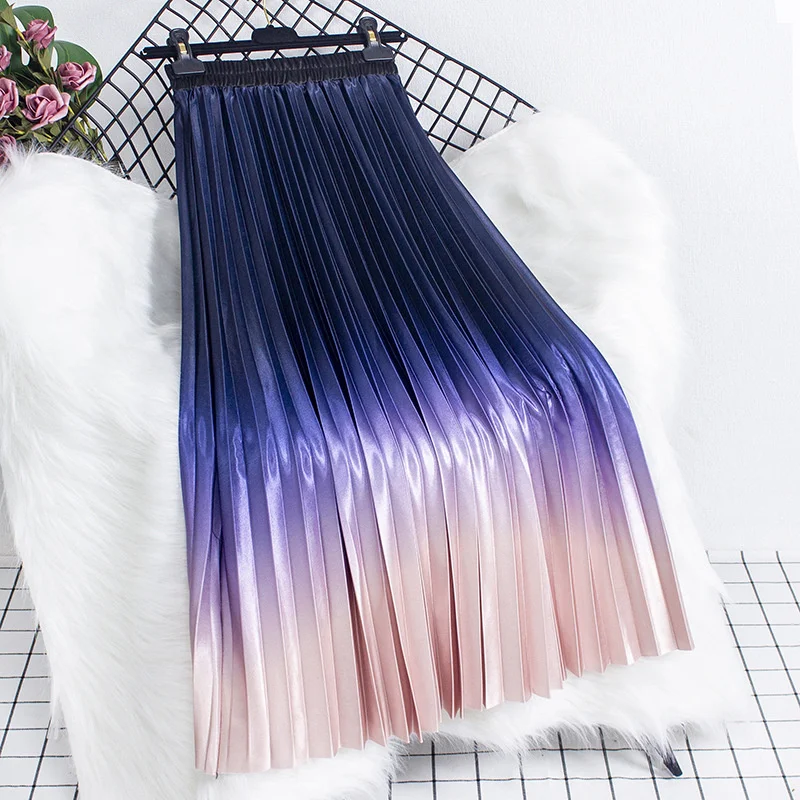 Pleated Midi Skirts Women Satin Tie Dye Gradient High Waist Long Skirt Stylish Casual Elegant Faldas Female Jupe
