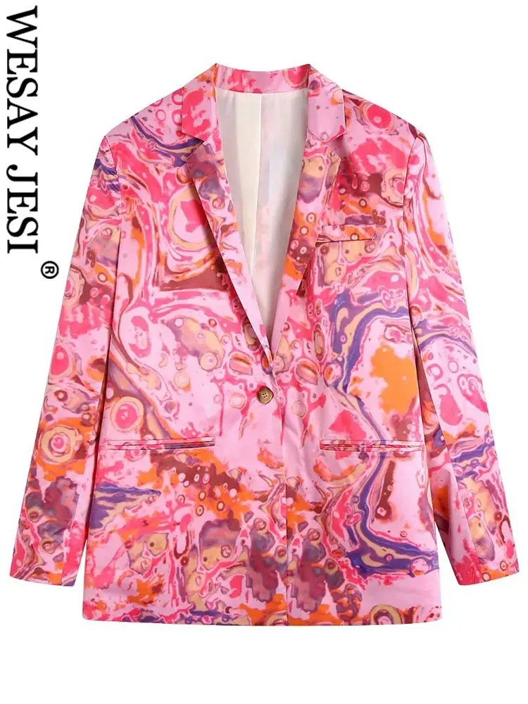 

WESAY JESI Fashion Printed Suit Collar Blazer Asymmetrical Pocket Single Button Long Sleeve Casual Elegant Colorful Jacket Women