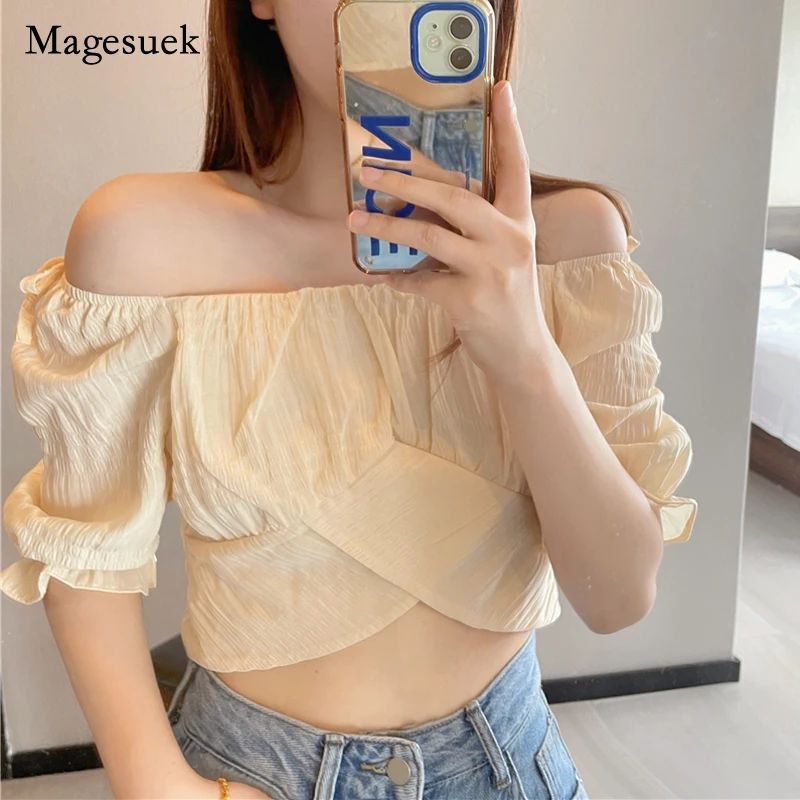 

Sweet Slash Neck Off Shoulder Shirt Short Tops 2022 Summer New French Style Chiffon Shirt Women Casual Slim Fit Blouse 20609