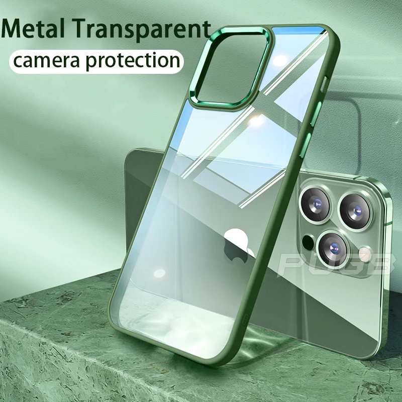 

Luxury Transparent Metal Camera Protection Armor Case for iPhone 13 12 11 Pro Max Mini X XR XS 7 8 Plus SE 2022 Shockproof Cover
