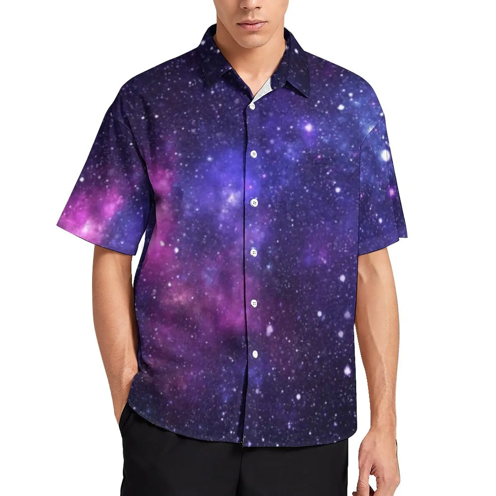 

Purple Galaxy Loose Shirt Men Vacation Outer Space Nebula Stars Casual Shirts Hawaii Custom Short Sleeve Trendy Oversize Blouses