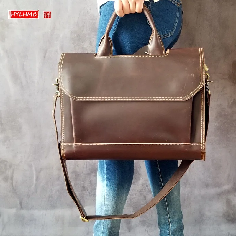 Retro Genuine Leather Women Handbags Ladies Business Briefcase Female 14 Inch Laptop Shoulder Messenger Bags Crazy Horse Leather