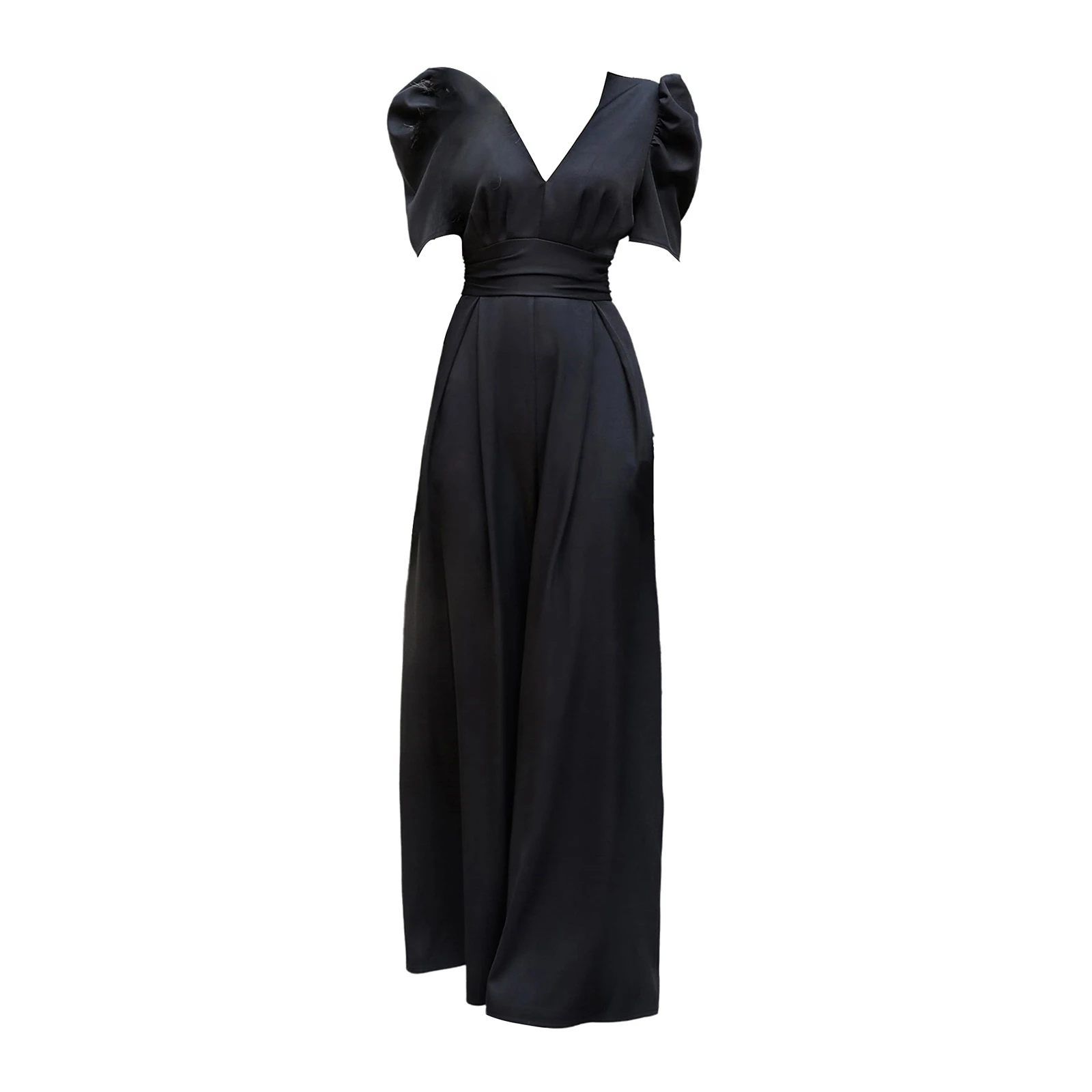 Женский однотонный комбинезон с V-образным вырезом рукавами-фонариками и рюшами