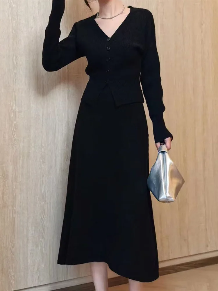 Элегантный женский офисный костюм UCXQ кардиган с V-образным вырезом свитер юбка