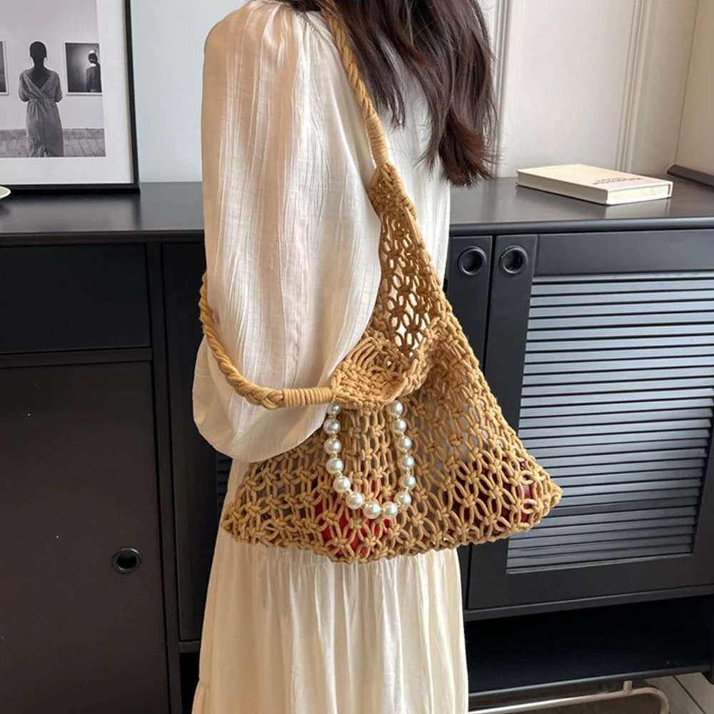 Pearls Beading Tote Hobo Hollow Woven Women Shoulder Bag Summer Crochet Handbags and Purses Designer Bags for Women Shopper Bag