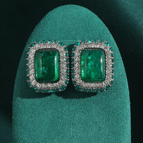 LOVE GREEN LIVE GREEN Винтажные квадратные зелёные серьги-гвоздики из натурального камня