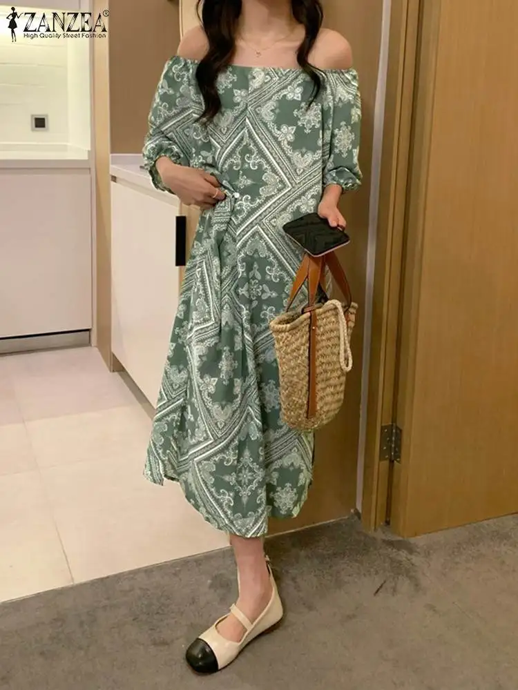 

Женское элегантное платье с рукавом 3/4, женские повседневные пляжные платья с принтом 2022, шикарное праздничное платье миди ZANZEA, летнее плать...