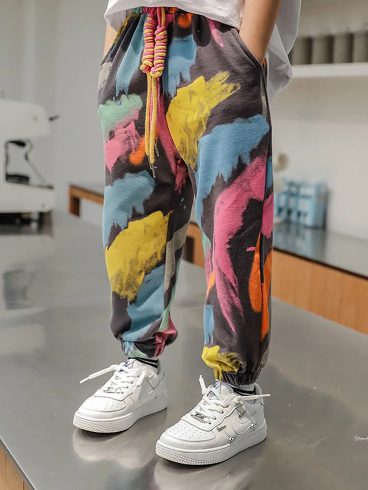 

2022 New Arrival Boys Tie Dye Casual Pants Spring Fashion Hot Deals Graffiti Painting Print Sweatpants Cotton Kids Long Trousers