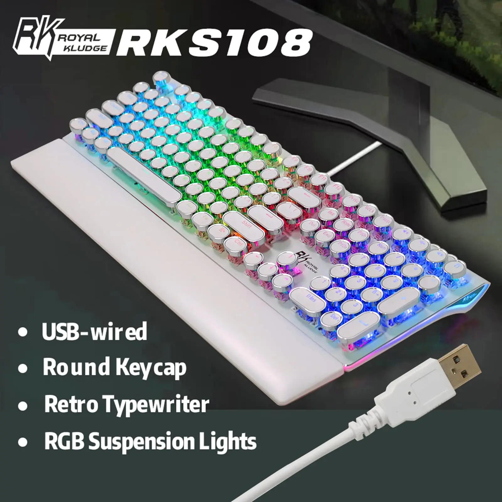 ROYAL KLUDGE RK S108 Typewriter Retro Mechanical Keyboard 108 Key Wired RGB Backlit Gaming Keyboard with Collapsible Wrist Rest