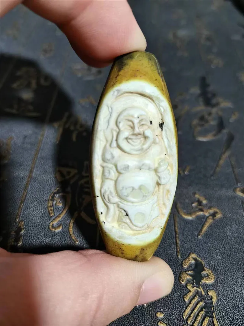 

Yellow Color Buddha and Ruyi Token Patterns Tibetan Dzi Beads Pendant Natural Agate 55*23*10mm Male&Female Amulet Jewelry