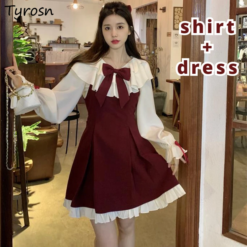 

Dresses Sets Women Peter Pan Collar Shirts Design New Korean Style Ladies Holiday Casual Cute Summer Sweet Fashion Simple Mini