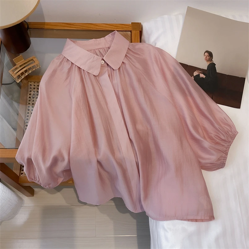 Винтажные женские повседневные рубашки летние однотонные блузки с рукавами